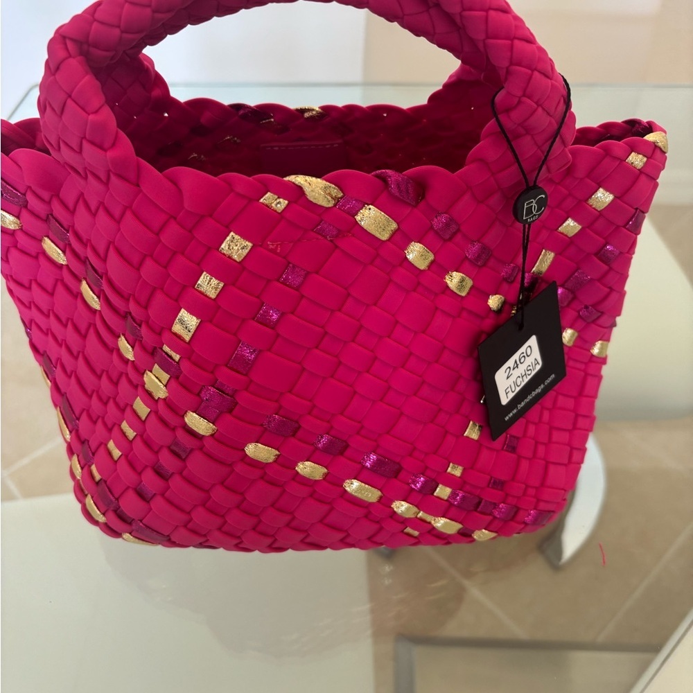 Stylish Pink and Gold Woven Handbag